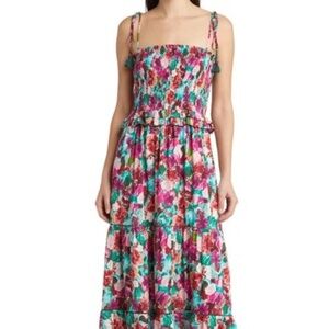Lost + Wander Floral Smocked Tiered Maxi Dress with Tassel Tie Straps Multi L